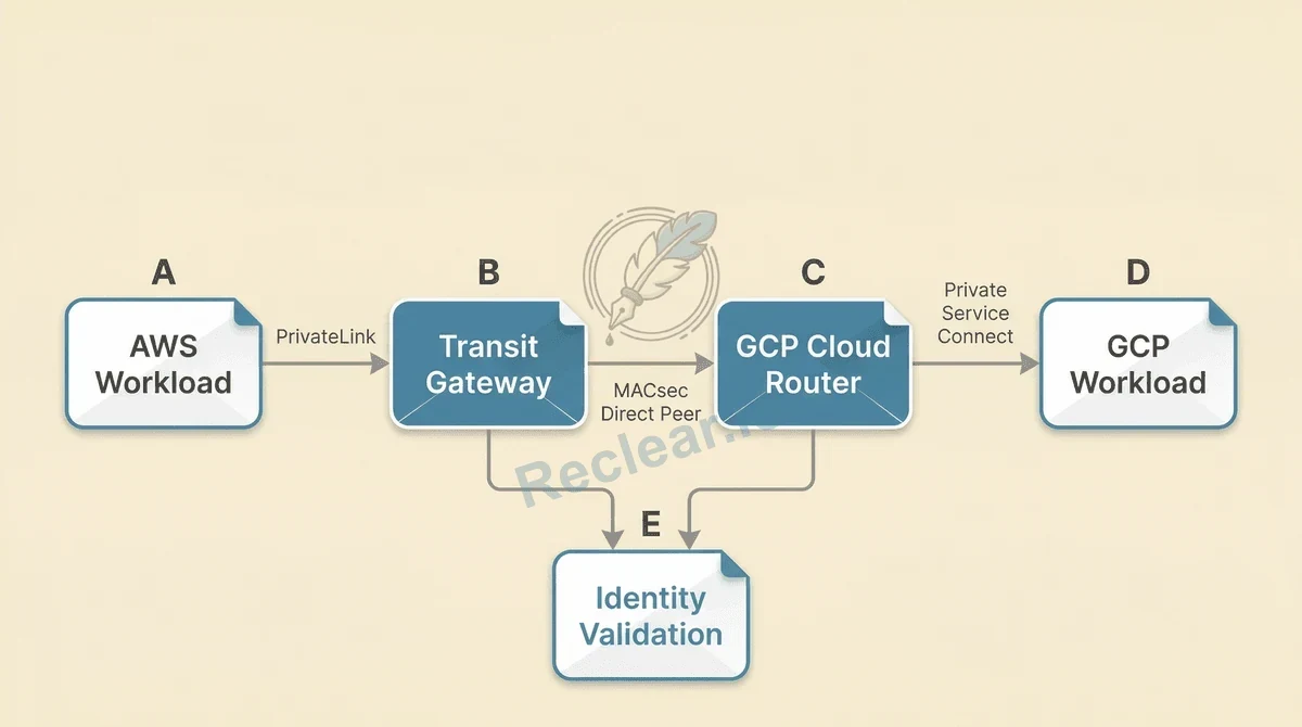 Diagram: AWS workload via PrivateLink and Transit Gateway, MACsec direct peer to GCP Cloud Router, Private Service Connect to GCP workload, with shared identity validation