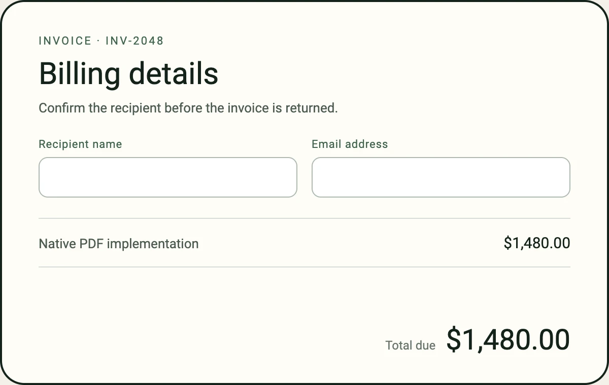 The starting invoice is ordinary HTML with a heading, two recipient fields, an item, and a total.