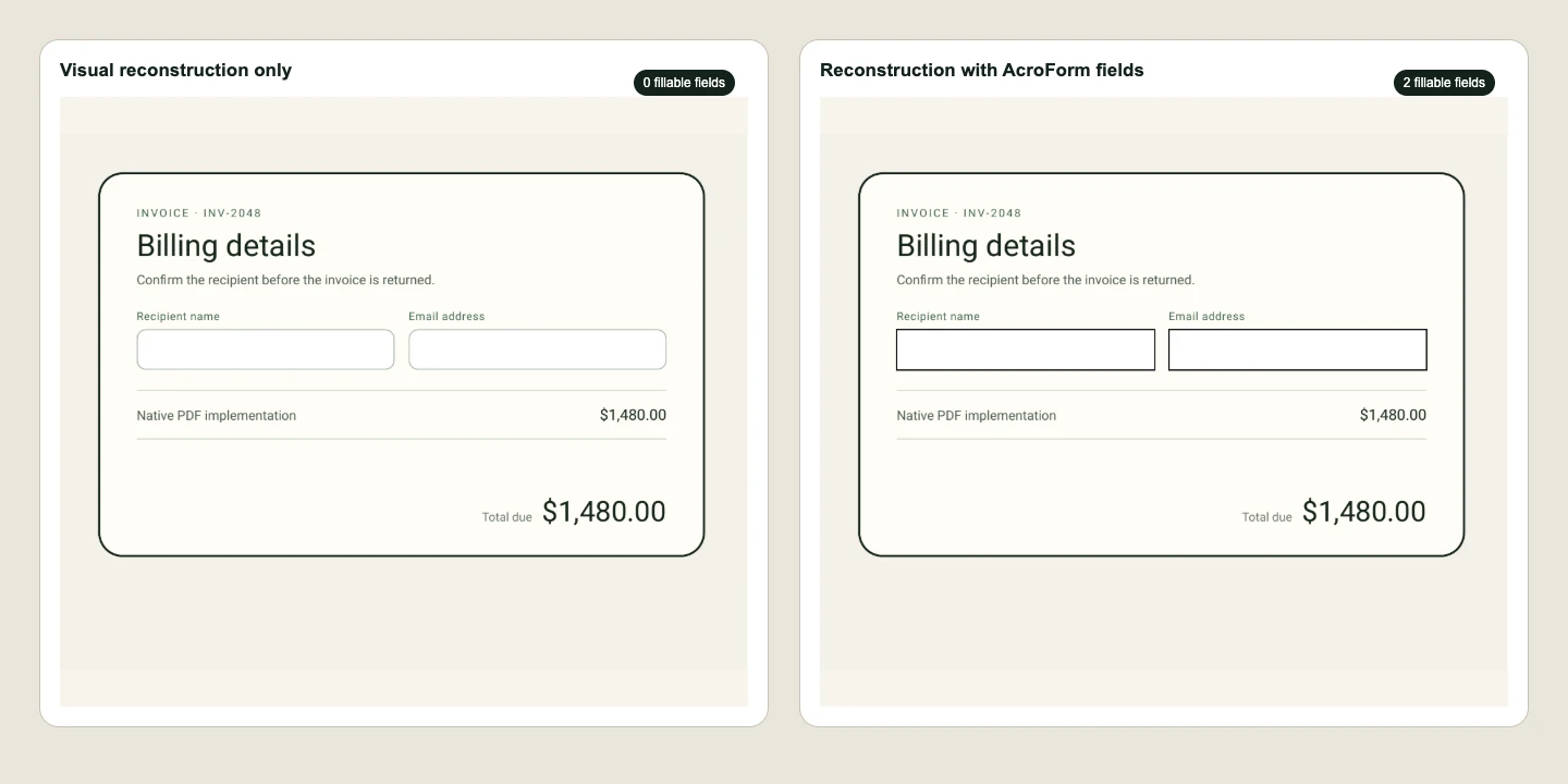 The visual reconstruction has input-shaped boxes; the AcroForm version contains two interactive PDF fields.