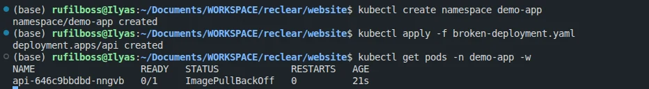 kubectl get pods showing ImagePullBackOff status for the api pod in demo-app namespace