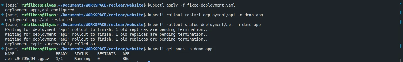 kubectl get pods showing Running status and 1/1 Ready after the image tag fix