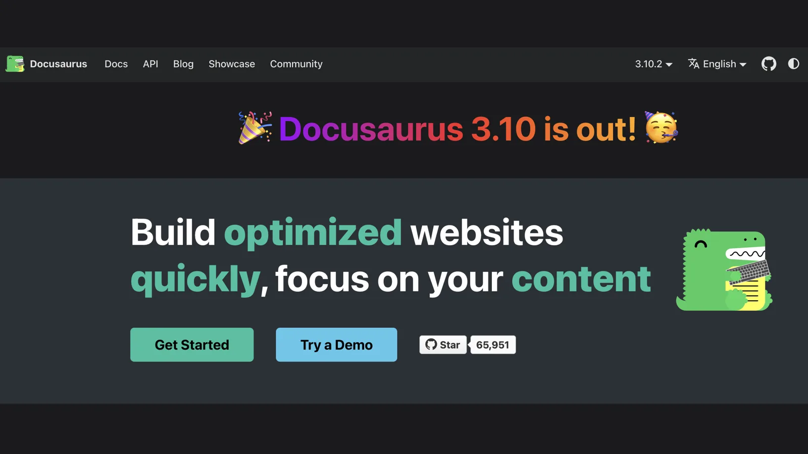 Docusaurus homepage showing its open-source documentation website builder