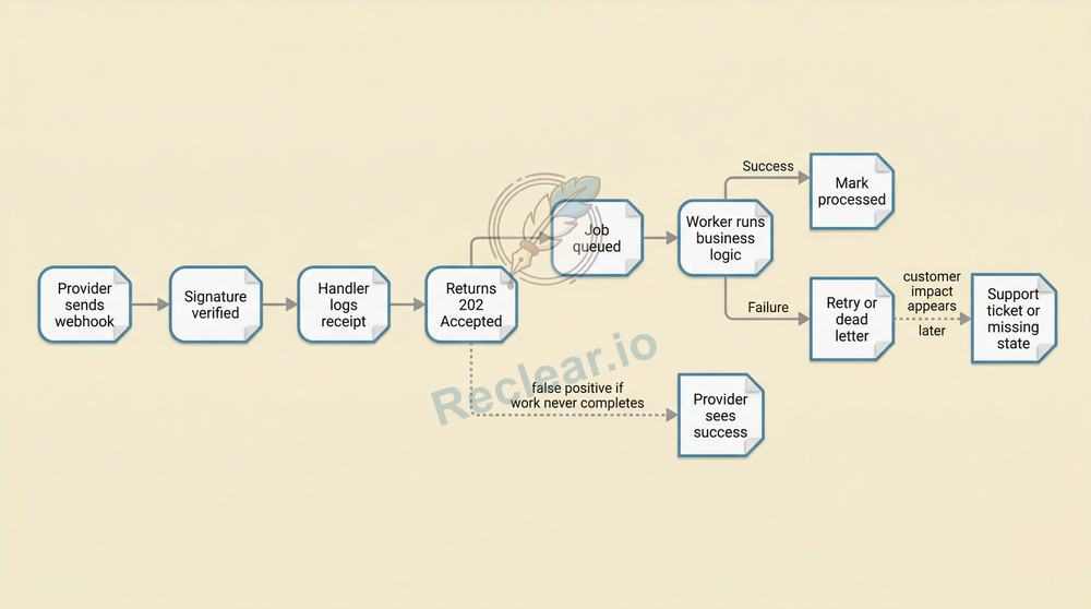 Flowchart: webhook flows from provider through verification, receipt log, 202 Accepted, and queued job to the worker; dotted paths show a false positive when the provider still sees success, and customer impact that appears later.
