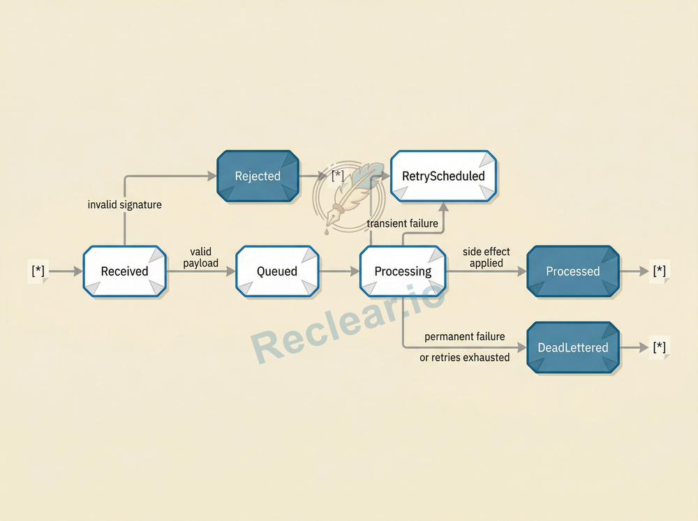 State diagram: Received branches to Rejected or Queued; Processing leads to Processed, RetryScheduled (looping back), or DeadLettered; terminal states include Processed, Rejected, and DeadLettered.
