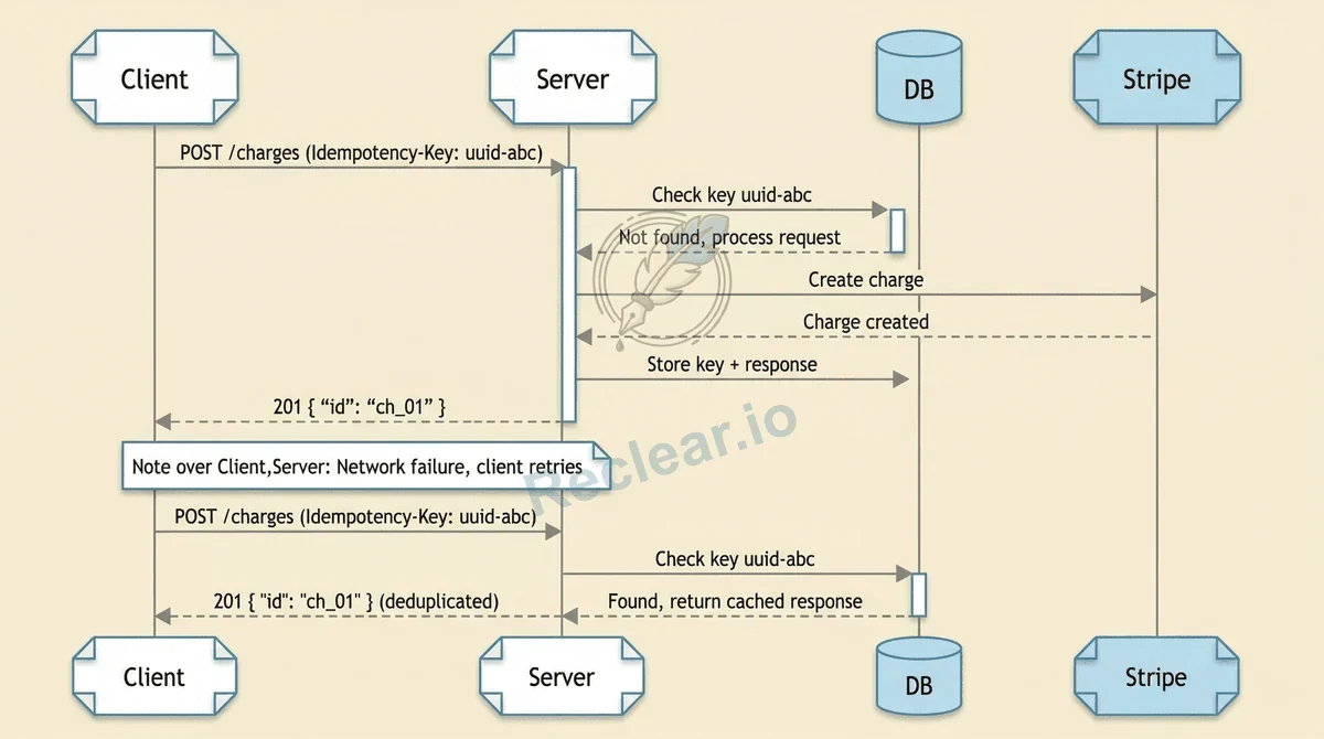 Sequence diagram: client POST with Idempotency-Key, server checks DB, creates Stripe charge, stores response; retry after network failure returns cached 201 without Stripe