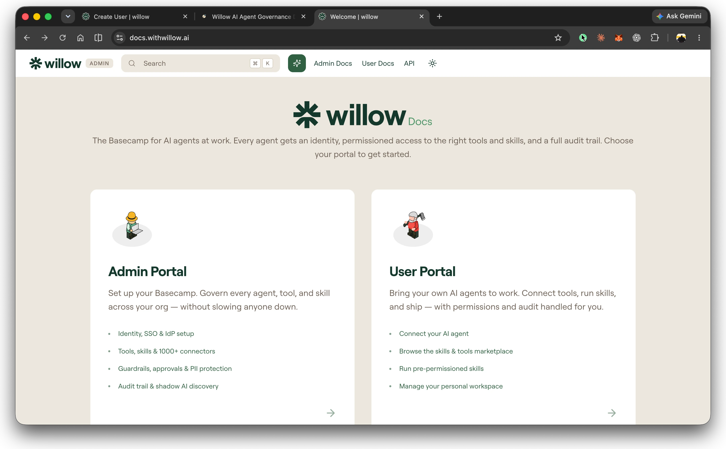 Willow documentation hub built in Docusaurus, with guides organized for different users